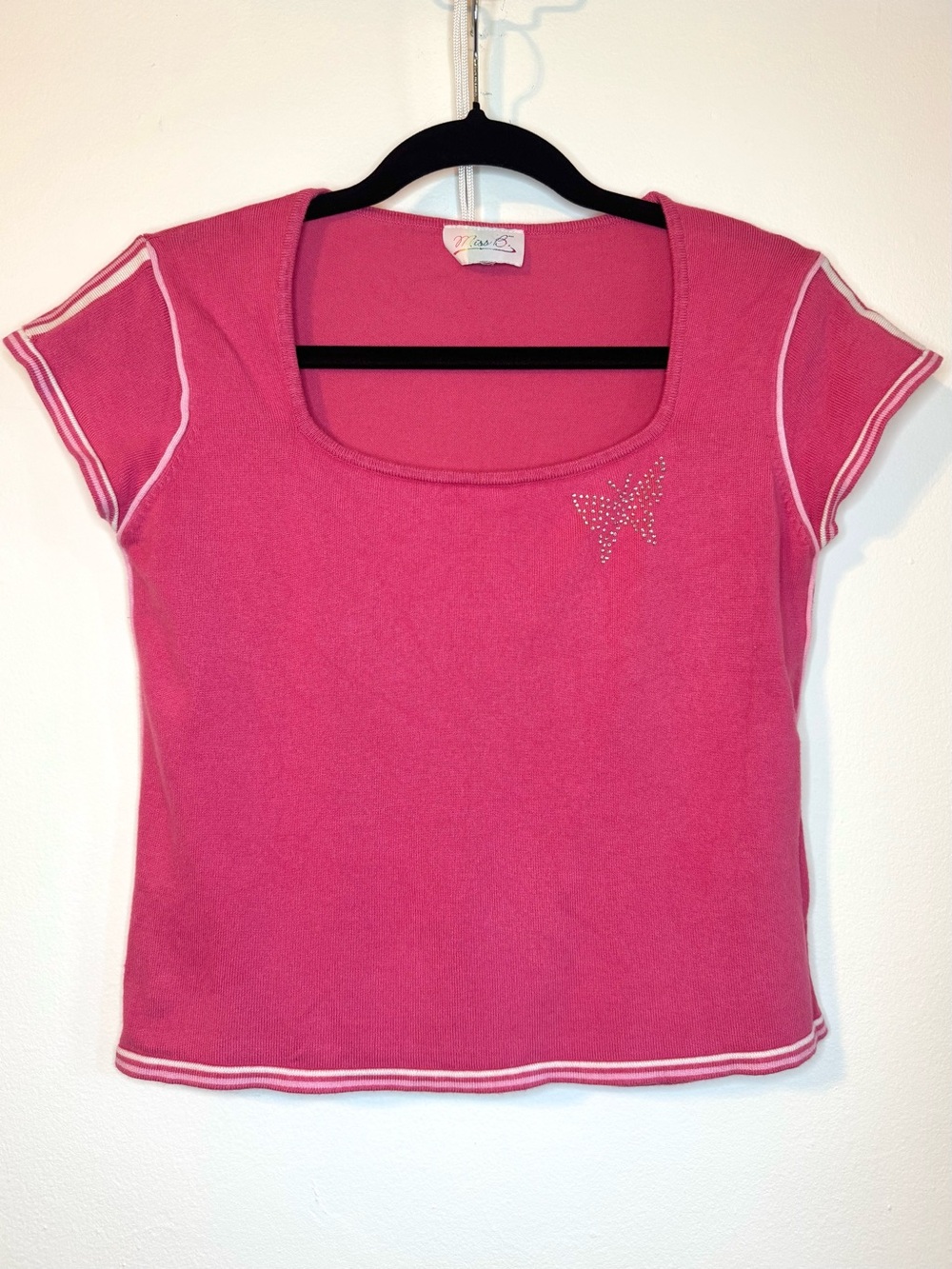 Y2K Short sleeve knit top with square neck and butterfly rhinestone detail